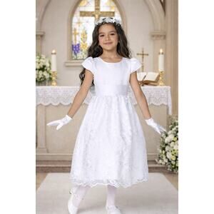 NEW Girls First Holy Communion Dress Size 6 - Tulle Corded Emb Sequin Tea-Length
